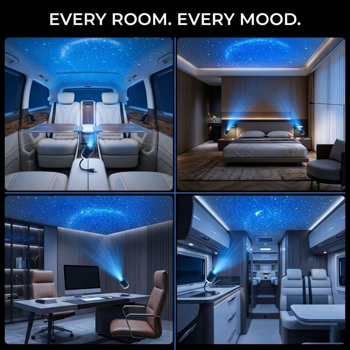 A 2x2 collage showing a blue starry sky projection light installed in different interior spaces: a van with white seats, a bedroom with a bed, a home office with a desk, and another van cabin. The text at the top reads 'EVERY ROOM.