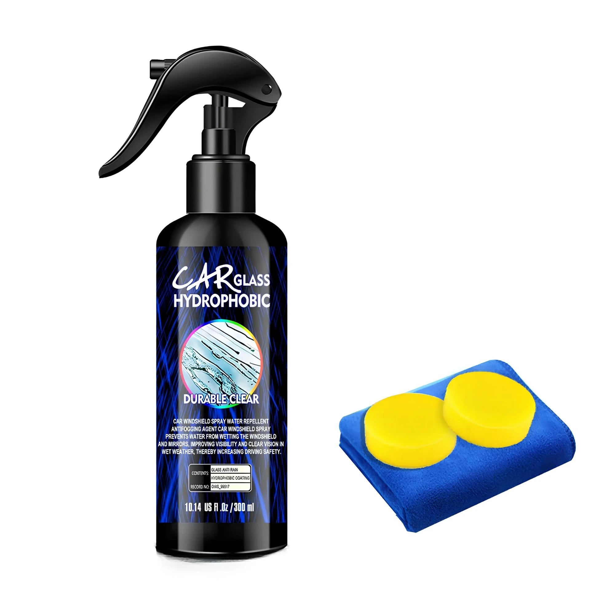 Glass Hydrophobic Coating Spray 300ml Complete Kit bottle with sponge and microfibre towel on white background