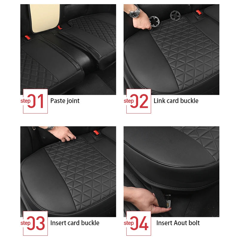 Step-by-step guide showing how to install the Nexura Auto leather seat cover and secure its seatbelt buckle.