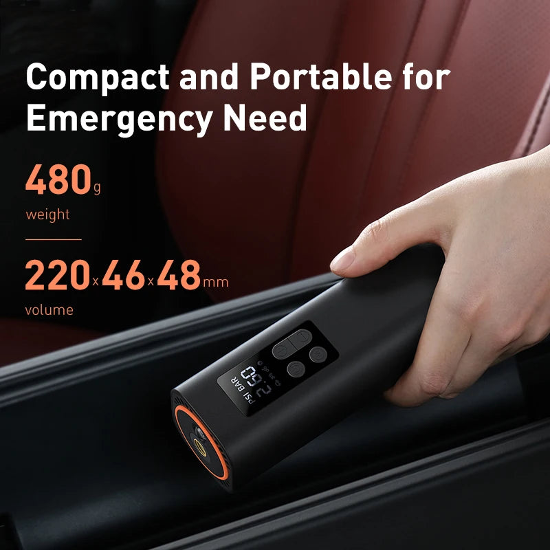 Hand holding a compact black device with text about its weight, volume, and portability.