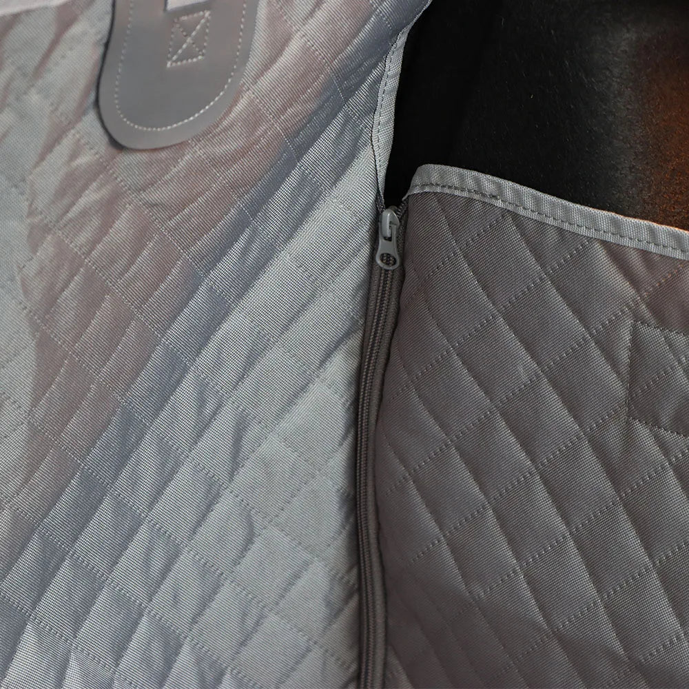 Close-up of the zip access opening on the Waterproof Dog Boot Liner quilted fabric