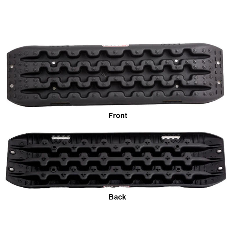 Front and back views of a black Heavy-Duty Recovery Track showing the cleated top surface and underside with grab handles