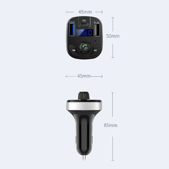 Triple-Port Bluetooth FM Transmitter dimensions: 45mm wide, 50mm face height, 85mm overall length