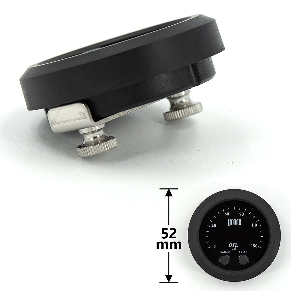 Digital Oil Pressure Gauge mounting bracket with knurled thumb nuts, plus front view with 52mm diameter marking