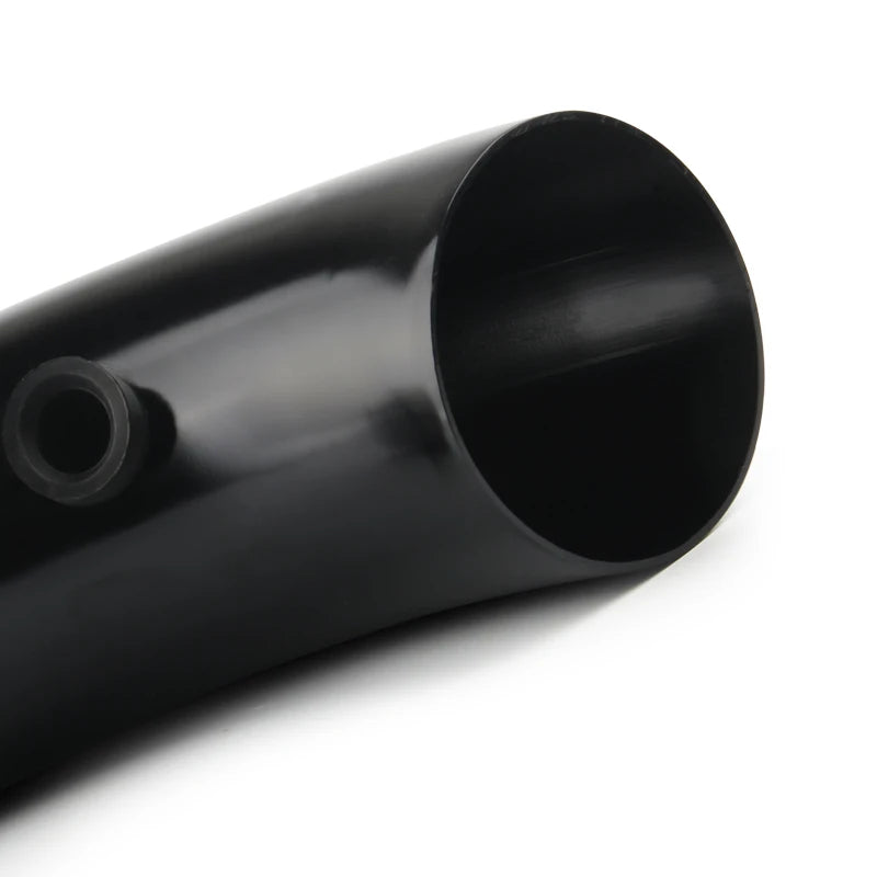 Close-up of the black cold air intake pipe's smooth bore opening and mounting nub
