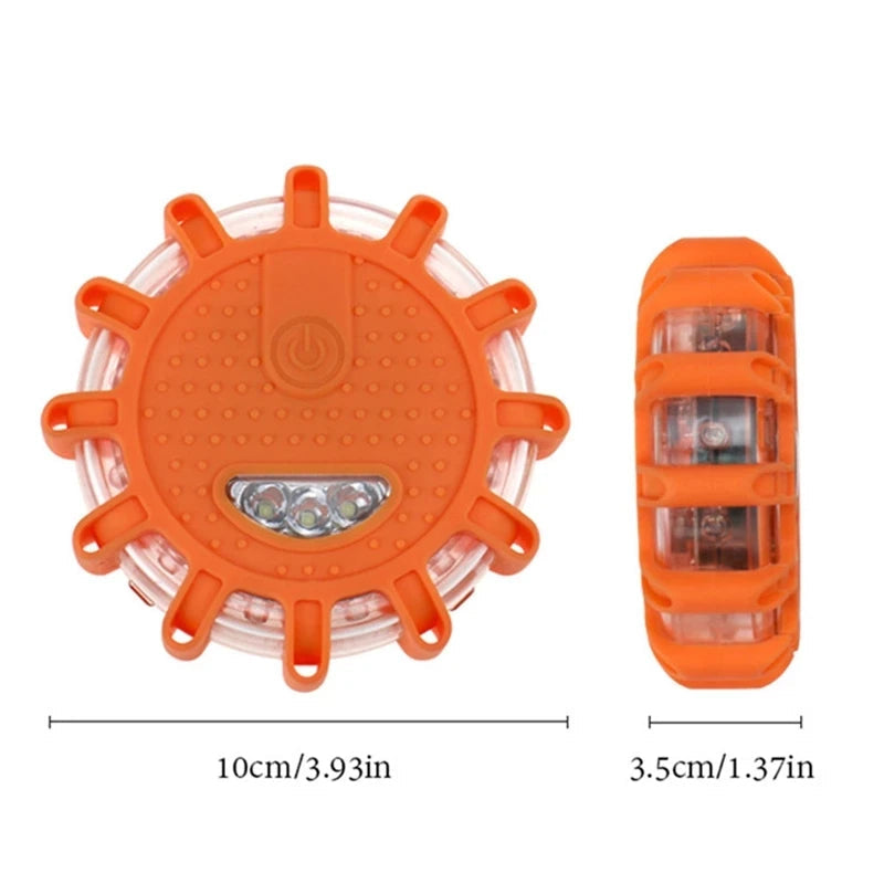Product size diagram of the Rechargeable LED Road Flare shown from the top and side