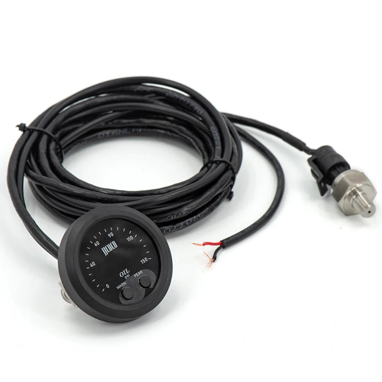 Digital Oil Pressure Gauge with long wiring harness and stainless steel oil pressure sender on a white background