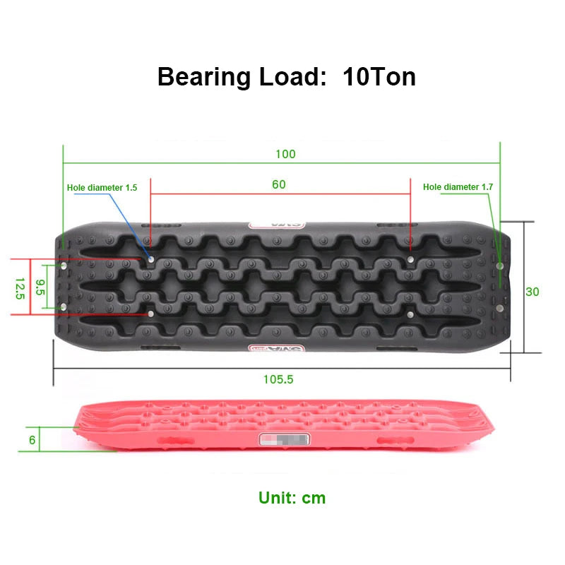 Heavy-Duty Recovery Tracks dimension diagram showing 105.5cm length, 30cm width and 6cm height in black and red