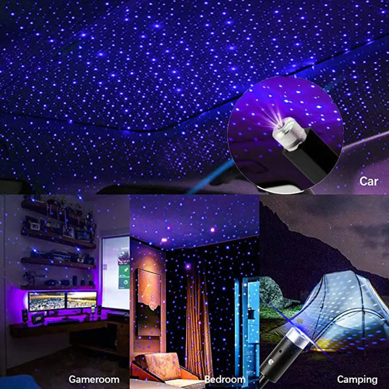Tri-Colour Star Projector USB night light versatility across car, gaming room, bedroom and camping scenes