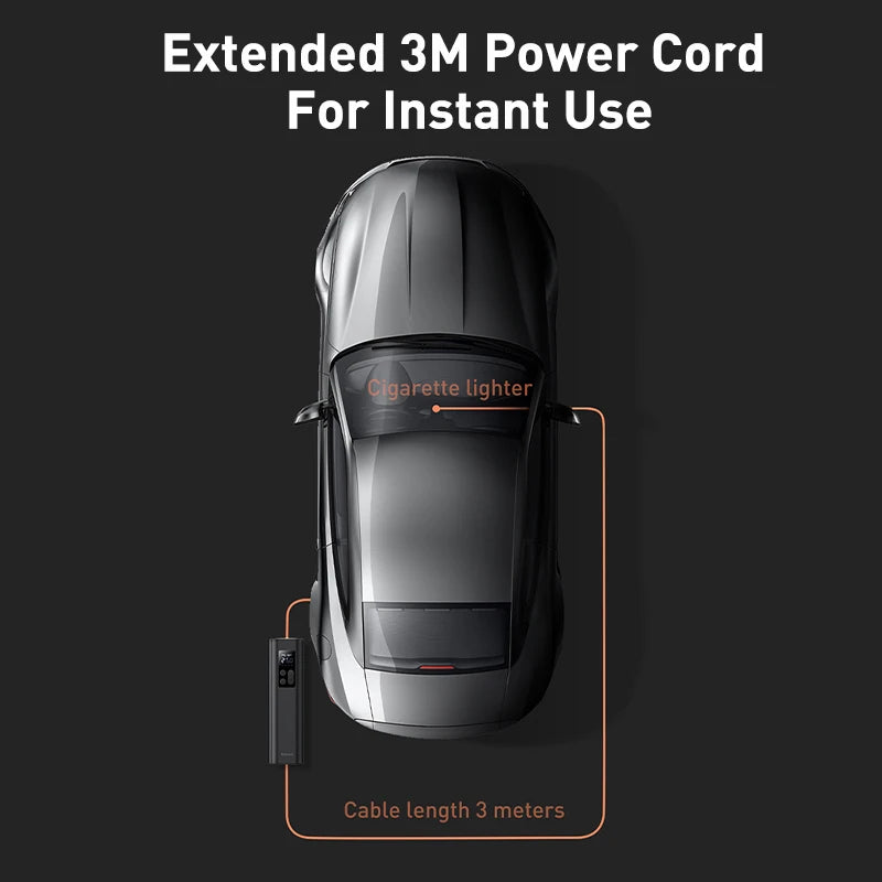 Car with an extended 3M power cord for instant use on a black background