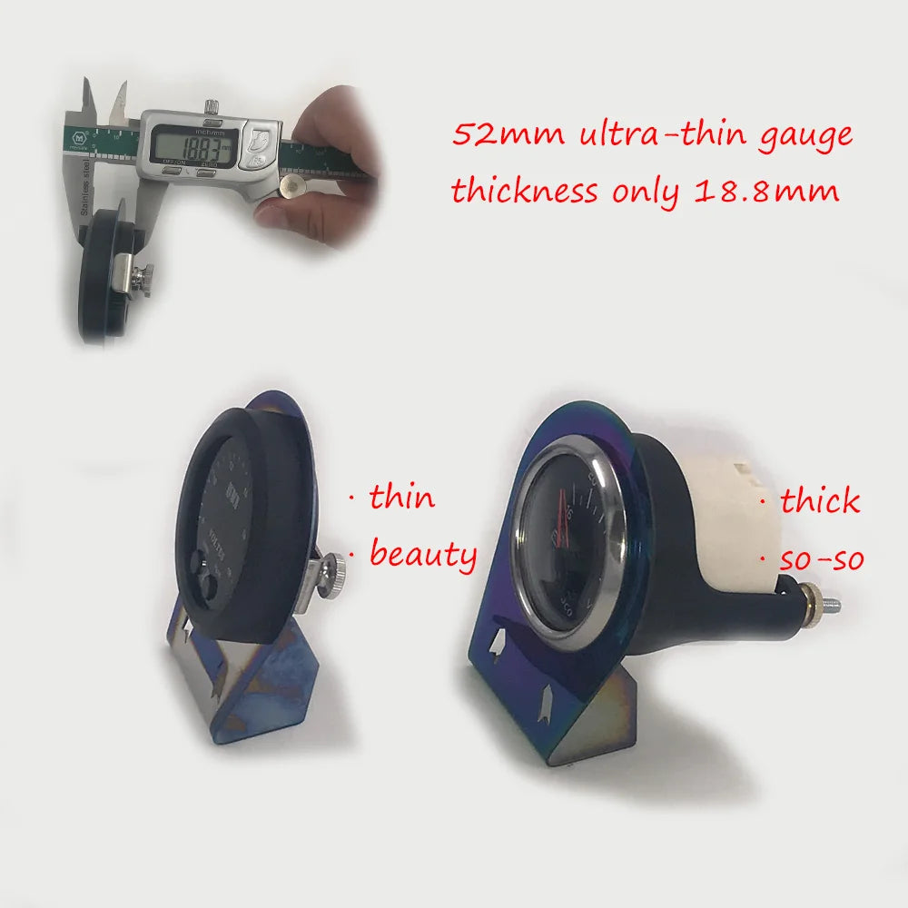 Digital Turbo Boost Gauge measured with digital calipers at 18.8mm thick, compared with a bulkier conventional gauge