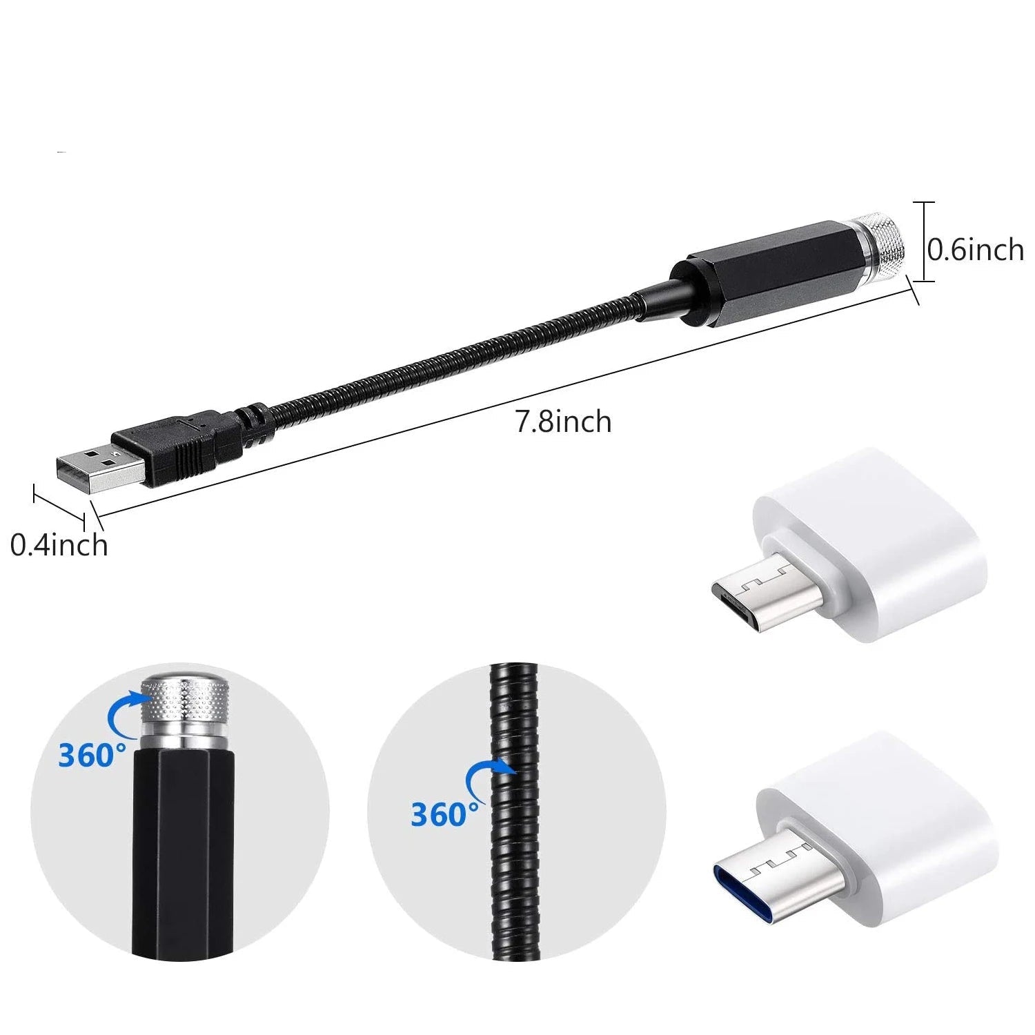 Tri-Colour Star Projector USB cable product size dimensions diagram 7.8 inch length