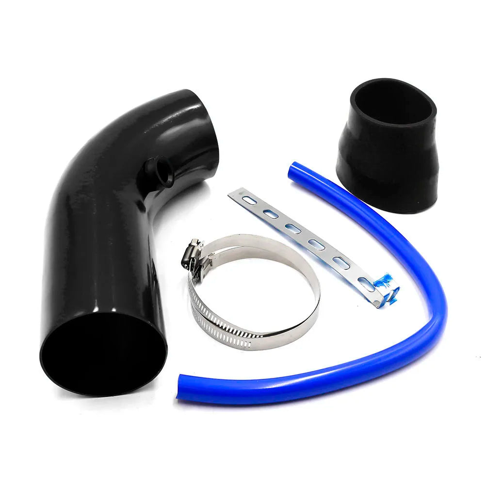 Black cold air intake pipe kit with reducer coupler, silicone hose, mounting bracket and hose clamps