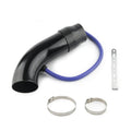 Black cold air intake pipe with blue silicone breather hose and stainless steel hose clamps on white background