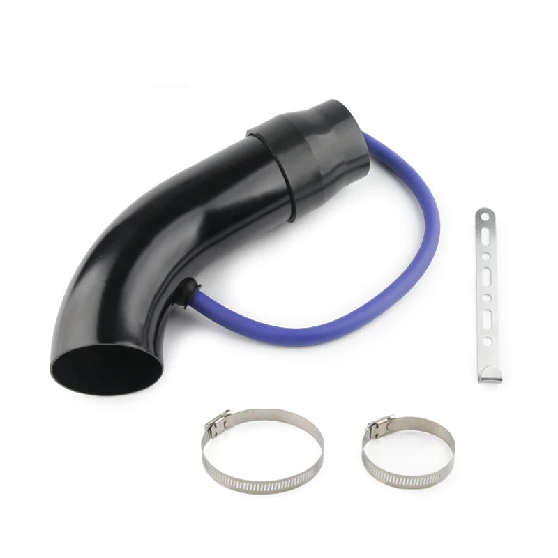 Black cold air intake pipe with blue silicone breather hose and stainless steel hose clamps on white background