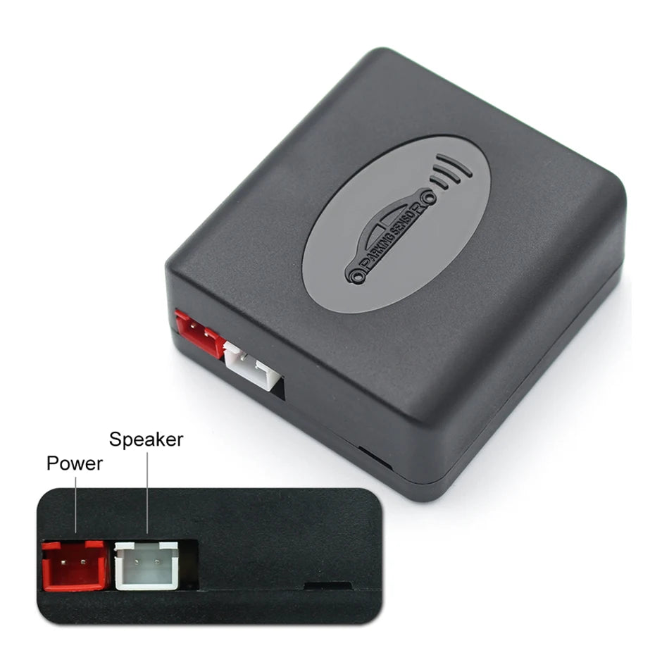 Flush-Fit Parking Sensor Kit control box with labelled power and speaker connection ports
