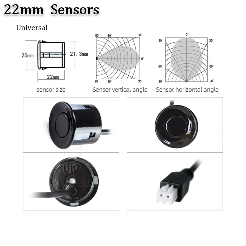 Reverse Parking Sensor Kit 22mm ultrasonic sensor size and detection angle diagram with close-up photos of the sensor housing