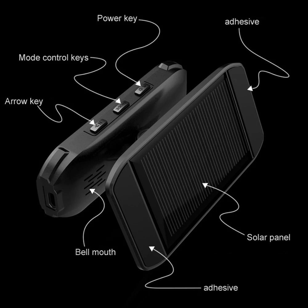 Diagram labelling the Solar Tyre Pressure Monitoring System's power key, mode control key, arrow key, solar panel and adhesive mount
