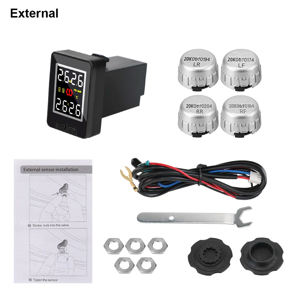 External version tyre pressure monitoring kit including LCD display, four external cap sensors, wiring harness and mounting wrench