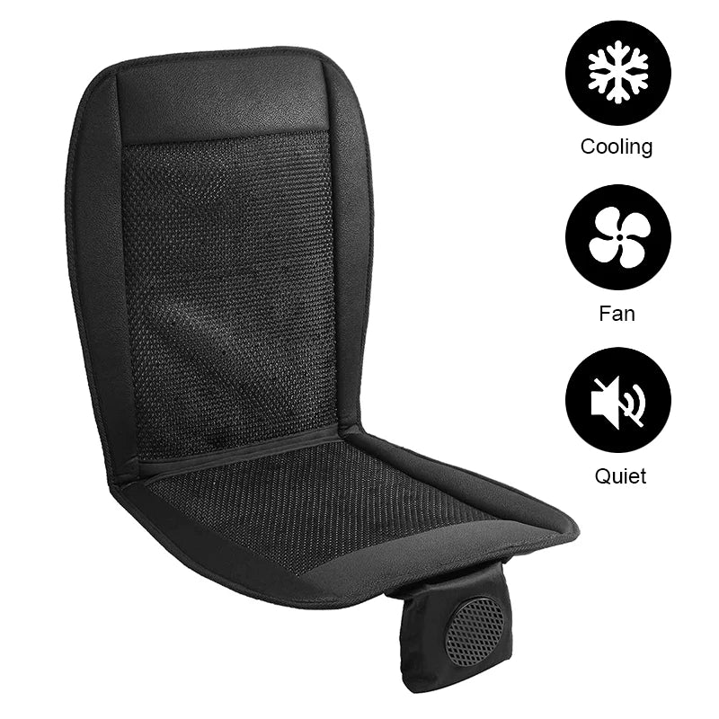 Black ventilated car seat cushion installed on vehicle seat with 12V control box visible