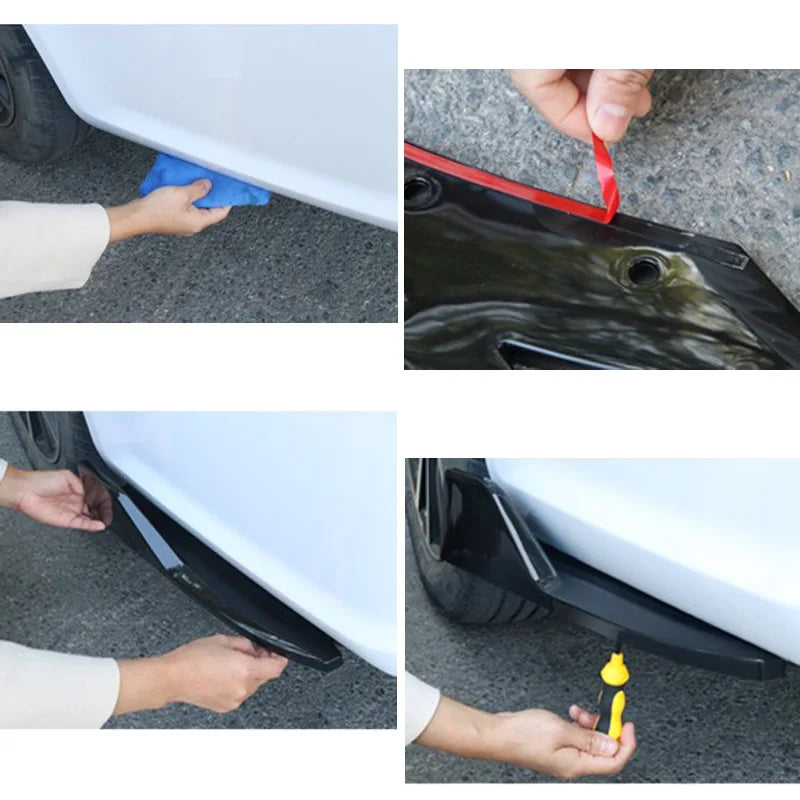 Step by step photos showing a rear bumper corner guard being cleaned, taped and fitted to a car bumper