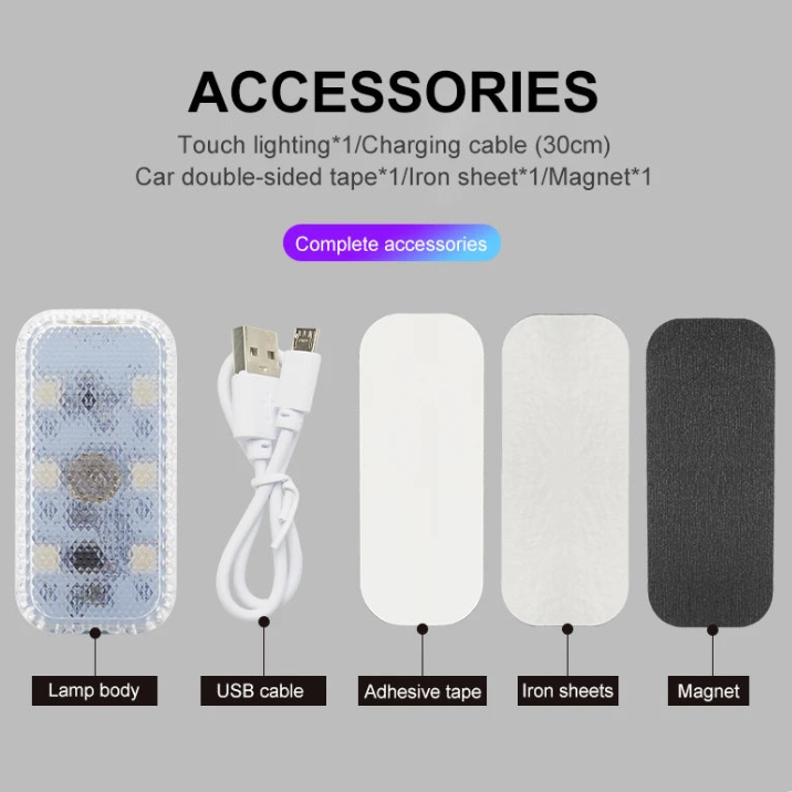 LED touch light accessories flat lay showing lamp body, USB cable, adhesive tape, iron sheet and magnet