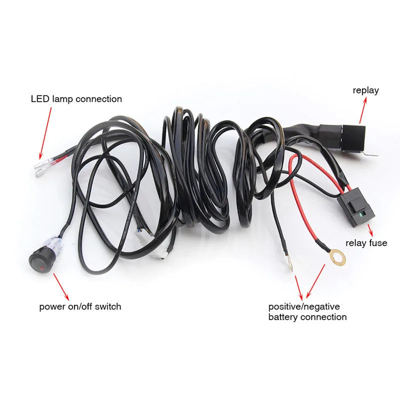 LED light bar wiring harness diagram showing relay, switch and battery connection