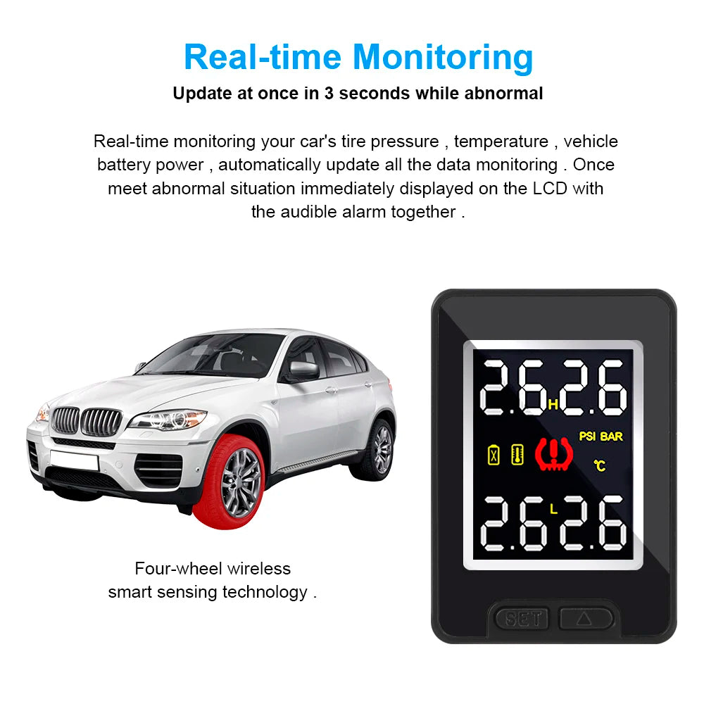 Illustration of real-time tyre pressure and temperature monitoring system displayed on a car dashboard LCD screen for four-wheel wireless sensing
