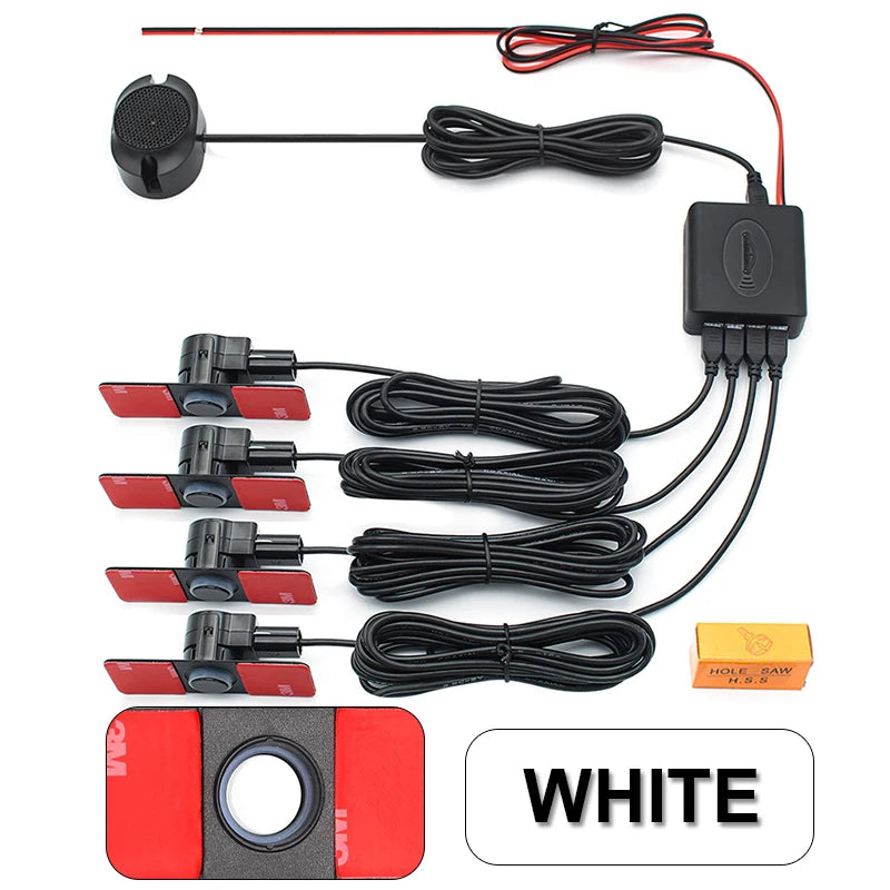 Flush-Fit Parking Sensor Kit in white with four sensors, control box, buzzer, wiring and hole saw