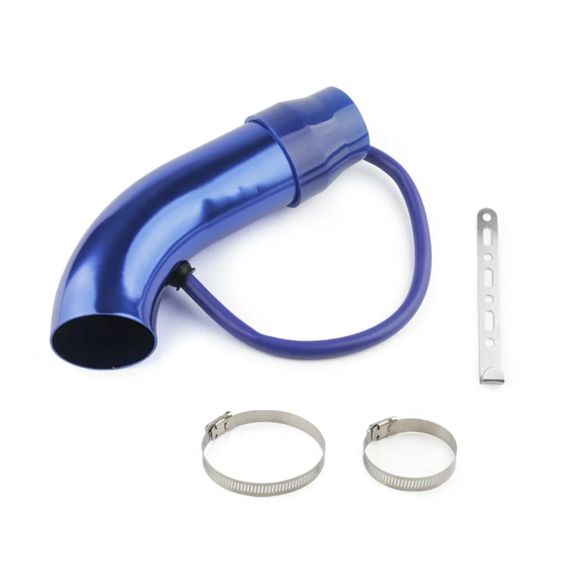 Blue cold air intake pipe with blue silicone breather hose, mounting bracket and stainless steel hose clamps