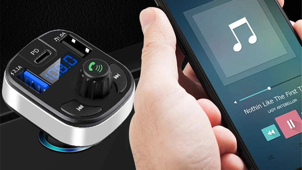 A hand holds a smartphone displaying music playback while a small electronic device with a black, silver, and blue face sits to the left. Text at the top reads 'Non-destructive noise reduction' and highlights high resolution, stereo, and support for MP3, FLAC, WMA, and APE formats.