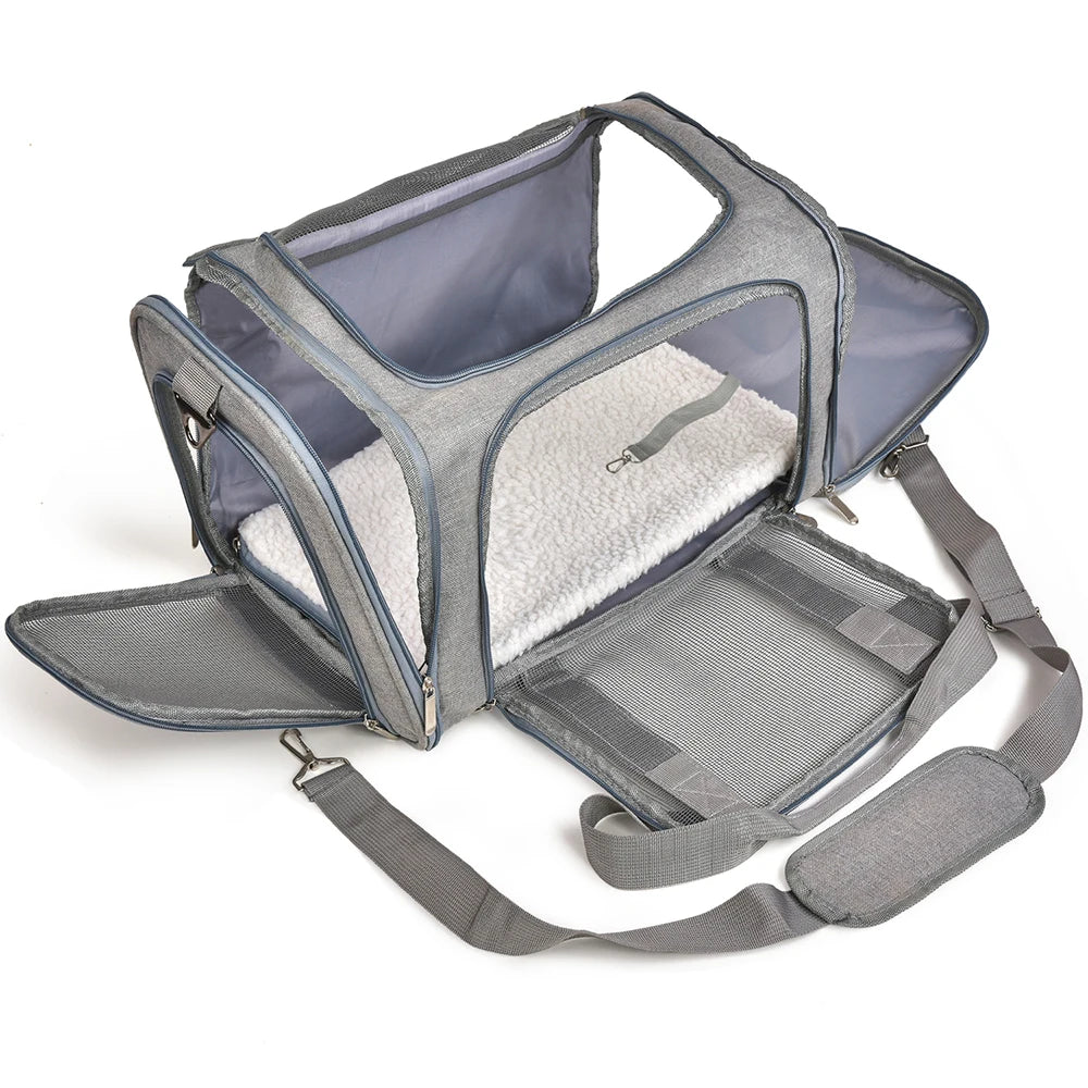 Pet Carrier Backpack grey mesh travel bag on white background, top-open view showing interior