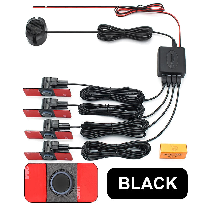 Flush-Fit Parking Sensor Kit in black with four sensors, control box, buzzer, wiring and hole saw