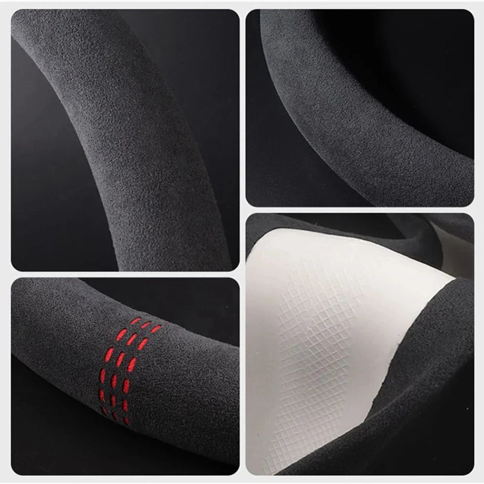 Close-up collage of the Steering Wheel Cover and Non-Slip Suede Grip Cover showing the suede texture, contrast stitching detail and non-slip backing material.
