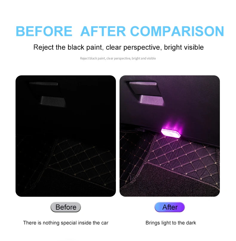 Before and after comparison of a dark car boot interior lit up by a purple LED touch light