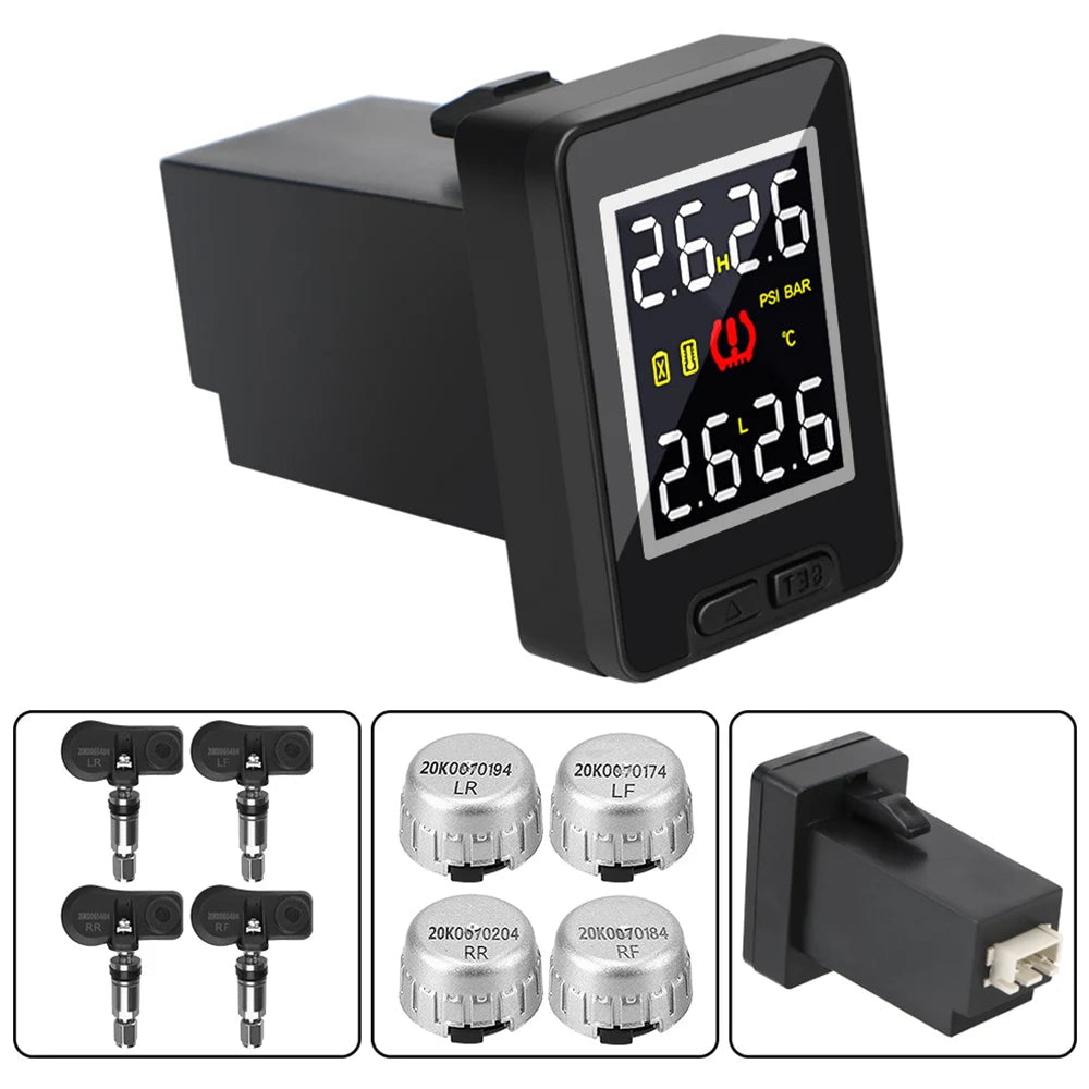 LEEPEE brand tyre pressure monitoring system LCD display unit with four wireless TPMS sensor caps and connector cable on a white background