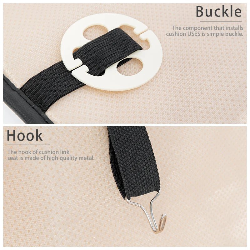 Close-up of the Nexura Auto leather seat cover's buckle and metal hook fastening hardware.