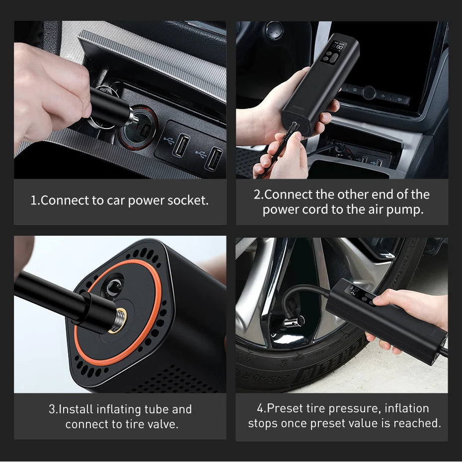 Step-by-step instructions for using a car air pump with images of hands performing actions.