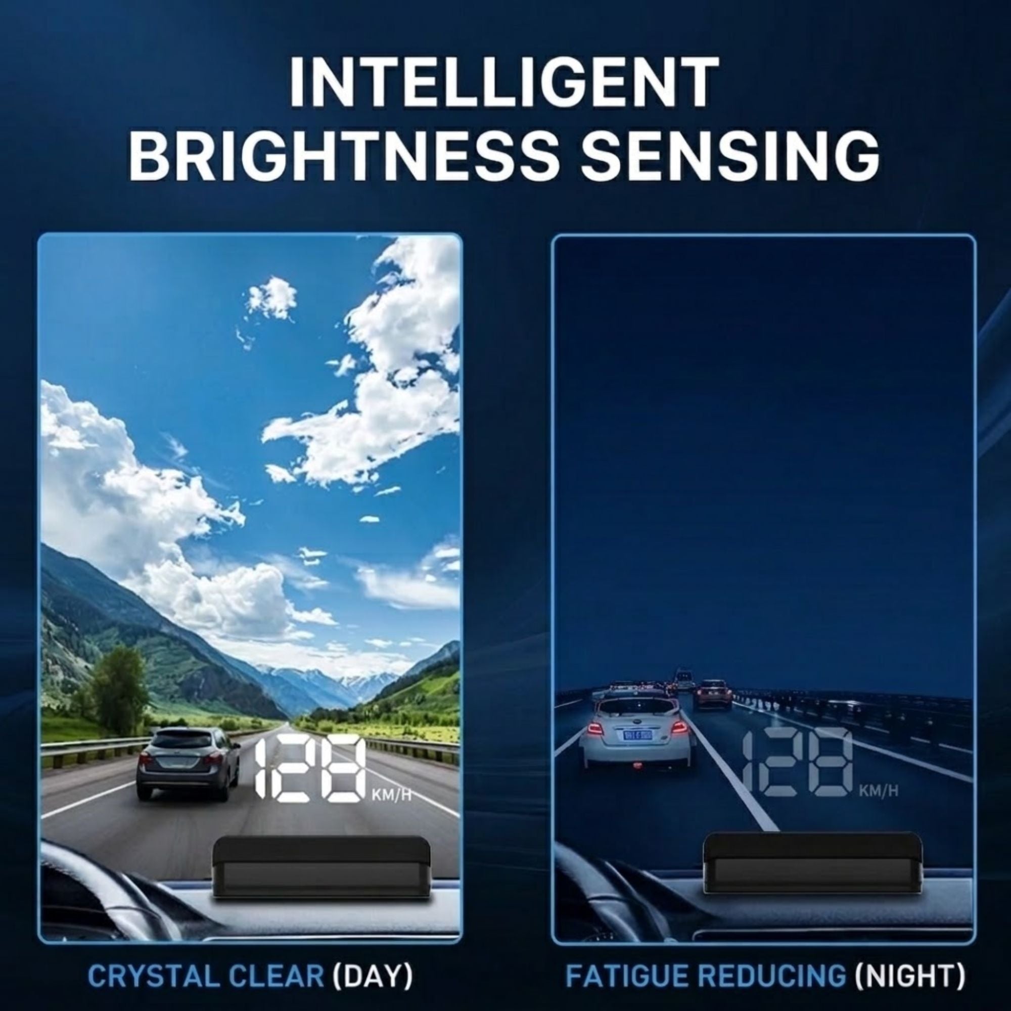 A promotional graphic for a smart windshield sun visor with text reading 'INTELLIGENT BRIGHTNESS SENSING' and two side-by-side demonstration panels. The left panel shows bright daylight with the visor clear and the car dashboard visible, labeled 'CRYSTAL CLEAR (DAY)'.