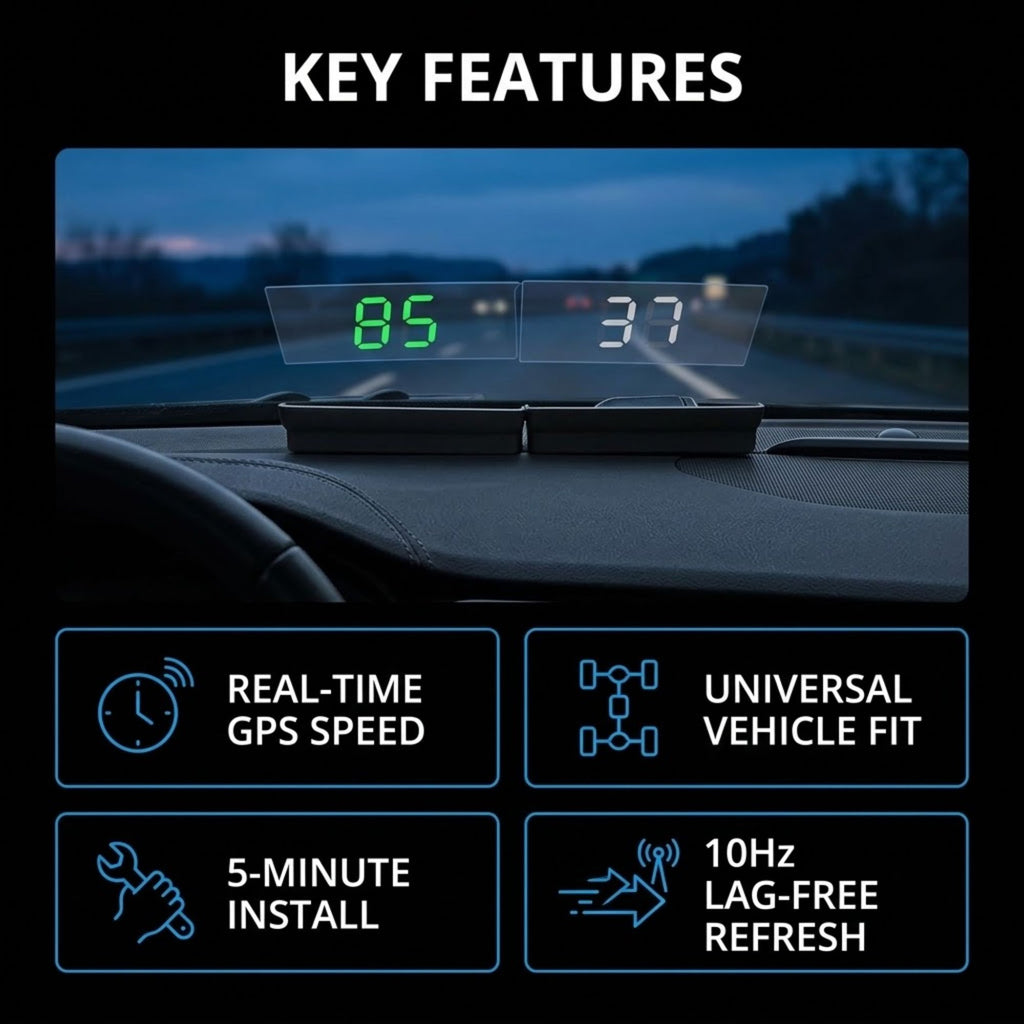 A car dashboard head-up display shown with a windshield view and four feature callouts reading 'REAL-TIME GPS SPEED,' 'UNIVERSAL VEHICLE FIT,' '5-MINUTE INSTALL,' and '10Hz LAG-FREE REFRESH.' The top header says 'KEY FEATURES.