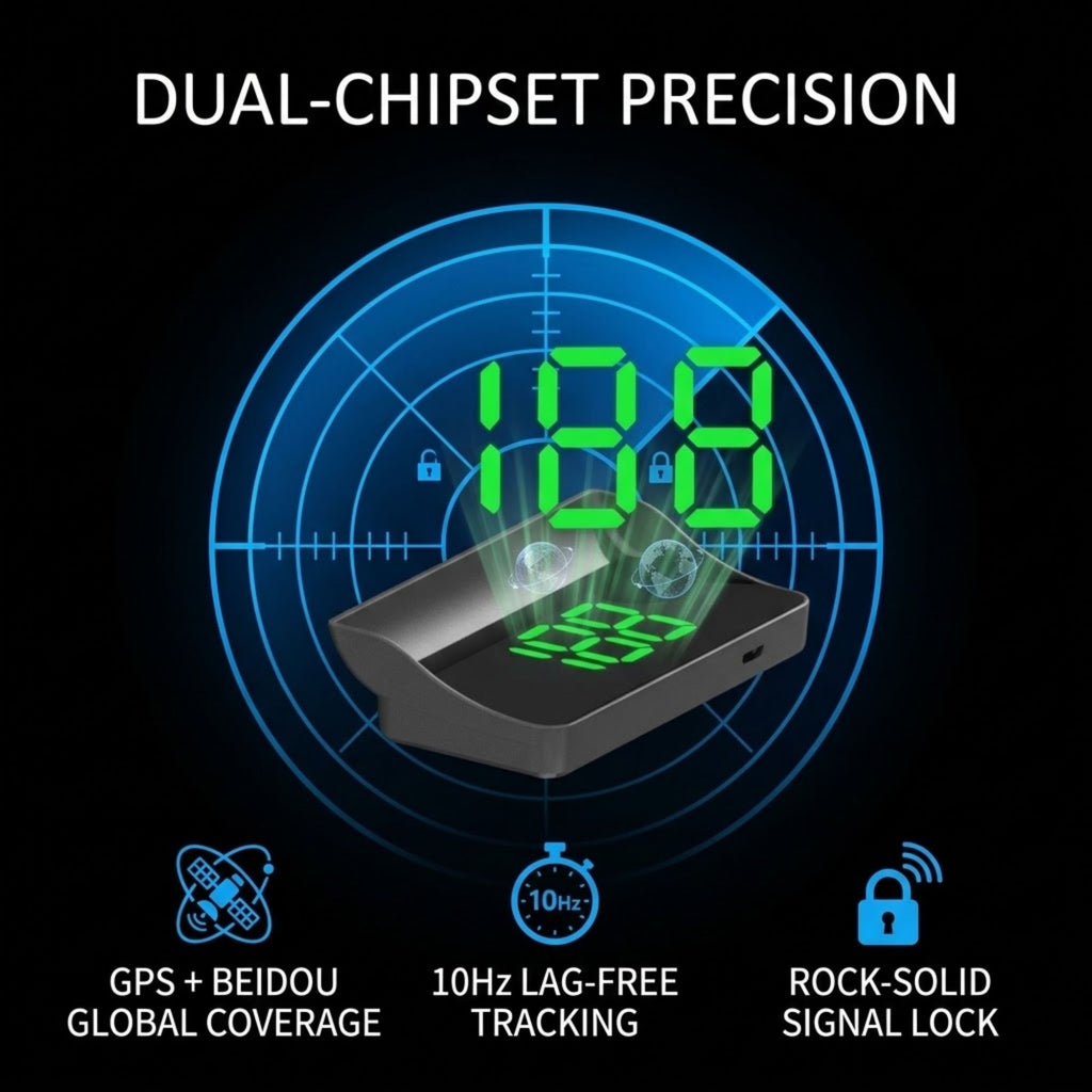 A digital product graphic for a dual-chipset GPS tracker, featuring a black rectangular device with a glowing green digital display showing '188' and '455'. The background is black with blue circular radar-style graphics and white text highlighting features like 'DUAL-CHIPSET PRECISION', 'GPS + BEIDOU GLOBAL COVERAGE', '10Hz LAG-FREE TRACKING', and 'ROCK-SOLID SIGNAL LOCK'.