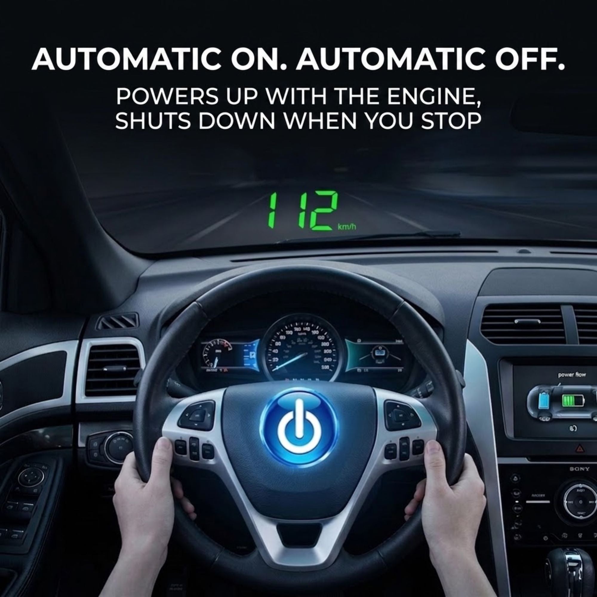 A hands-free car headlight projector shown installed in a vehicle, with bright green digital speed readout on the windshield and white text at the top reading 'AUTOMATIC ON. AUTOMATIC OFF.