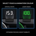 A promotional graphic showing a digital car dashboard display with two color options: Crystal White on the left and Laser Green on the right. The image includes text reading 'SELECT YOUR ILLUMINATION COLOUR' and 'OPTIMISED FOR DAY & NIGHT VISIBILITY' on a black background.