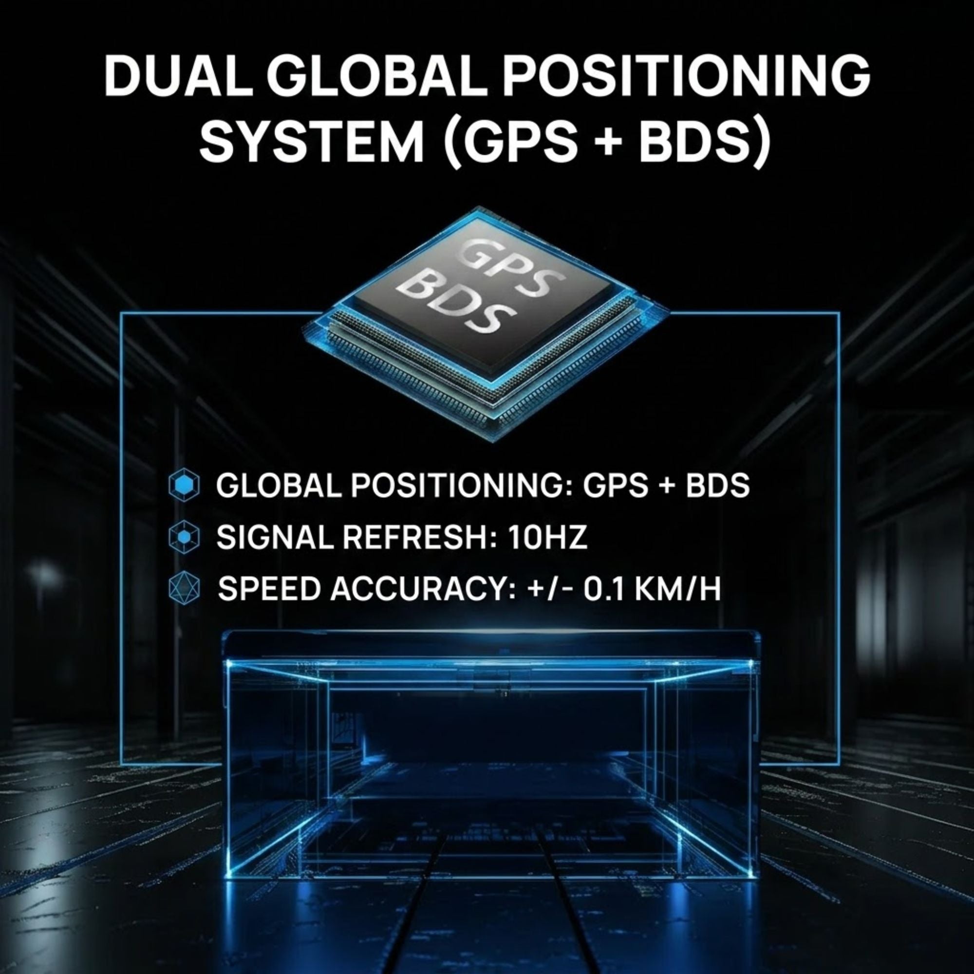 Promotional graphic for a GPS + BDS dual global positioning system chip, showing a blue illuminated microchip above technical specifications on a dark futuristic corridor background.
