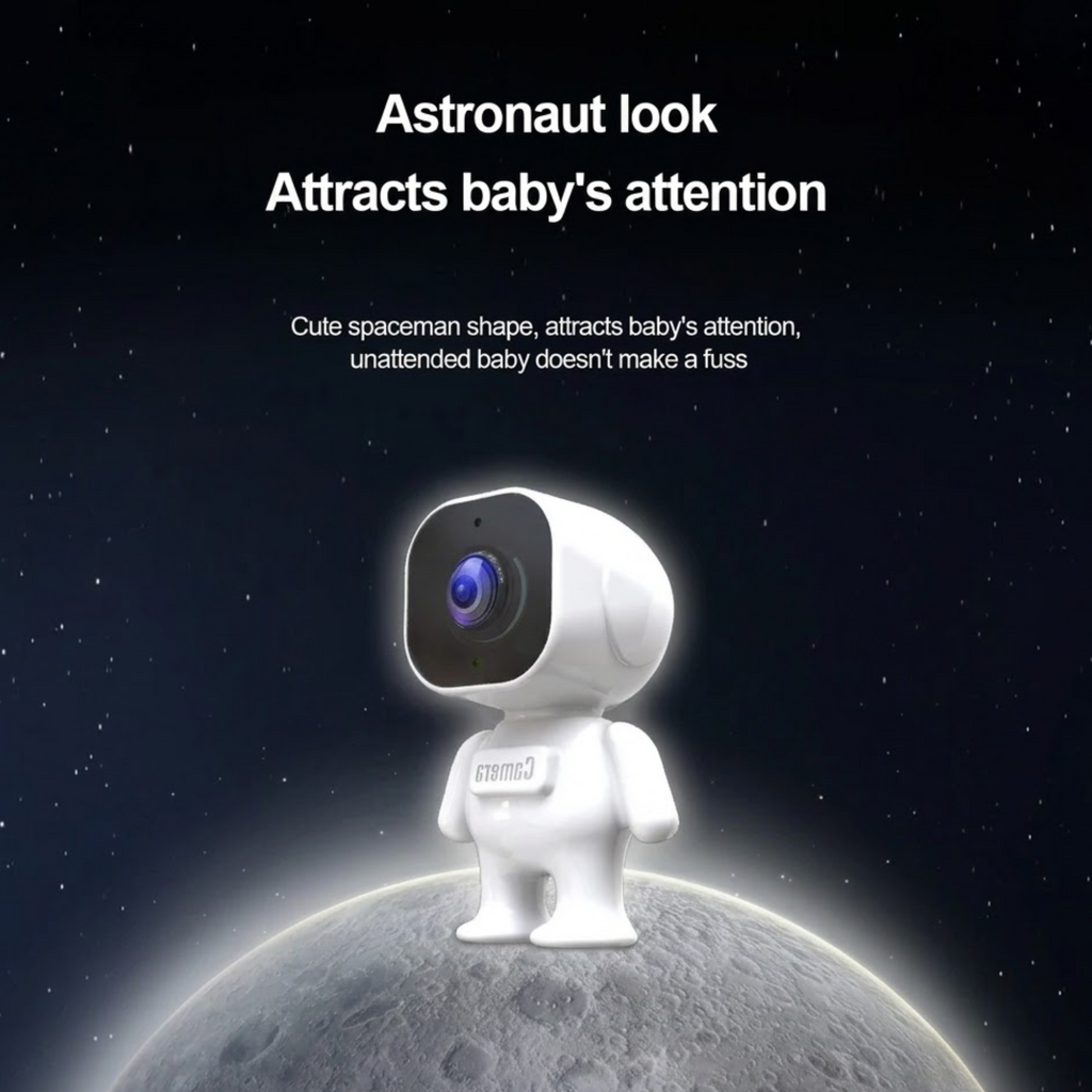 HD Infant Car Monitor's astronaut-shaped camera with wide-angle lens against a space-themed background