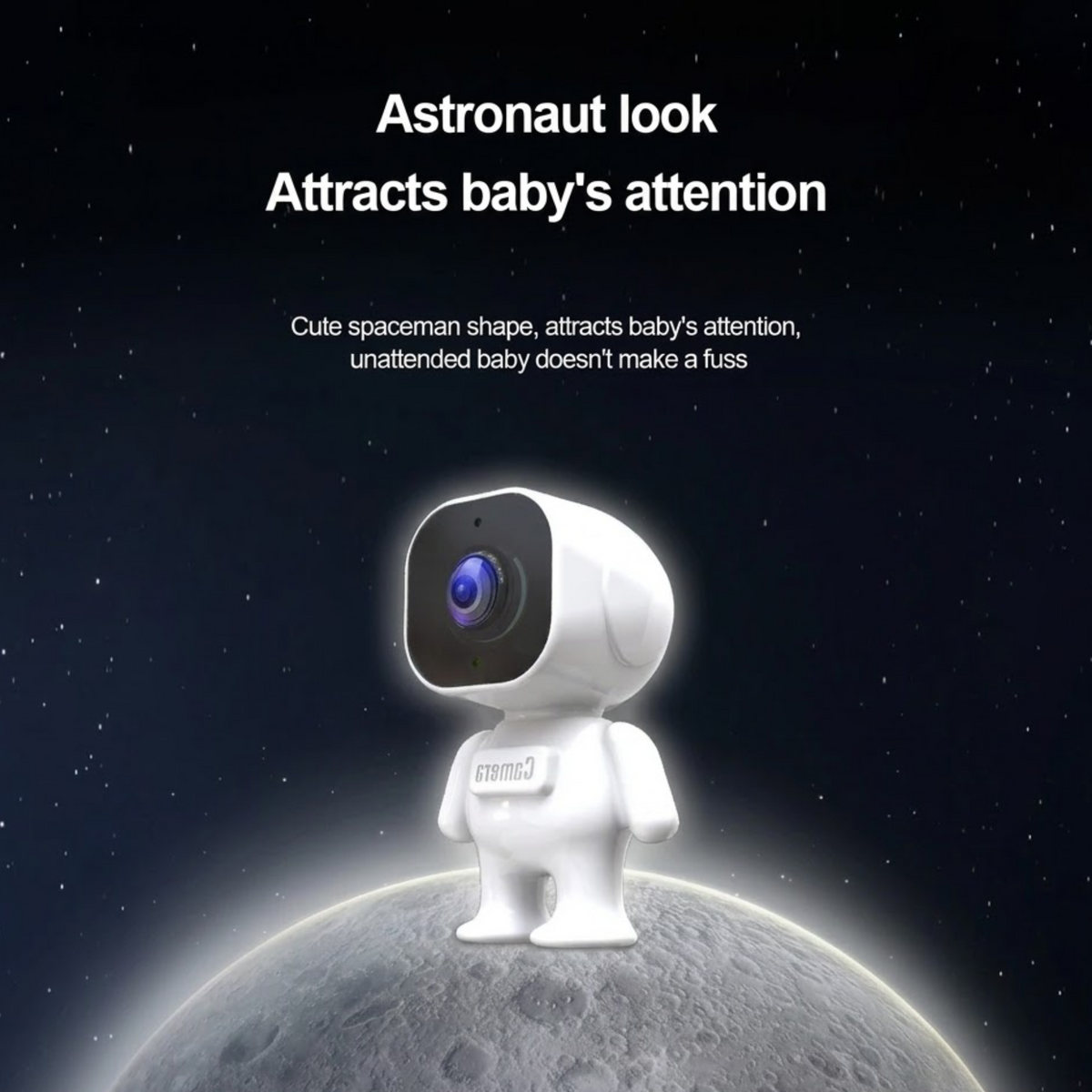 HD Infant Car Monitor's astronaut-shaped camera with wide-angle lens against a space-themed background