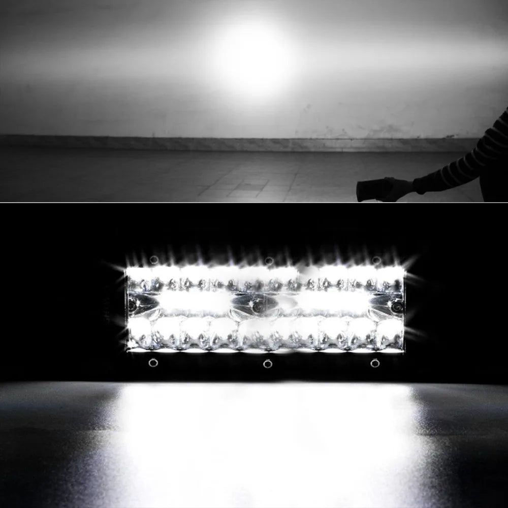 Tri-Row LED Light Bar lit with a bright white beam, shown with its beam pattern projected on a wall