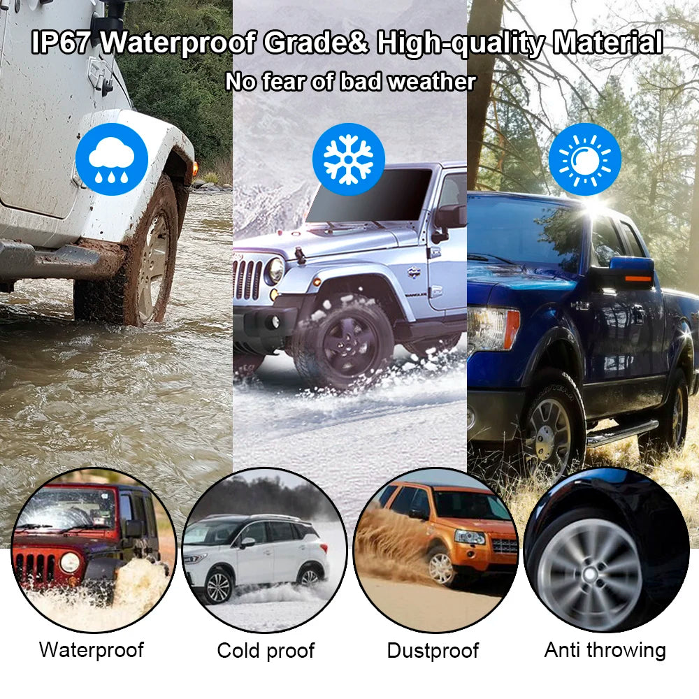IP67 waterproof tyre pressure monitoring sensors shown on vehicles driving through rain, snow, dust and rough terrain conditions