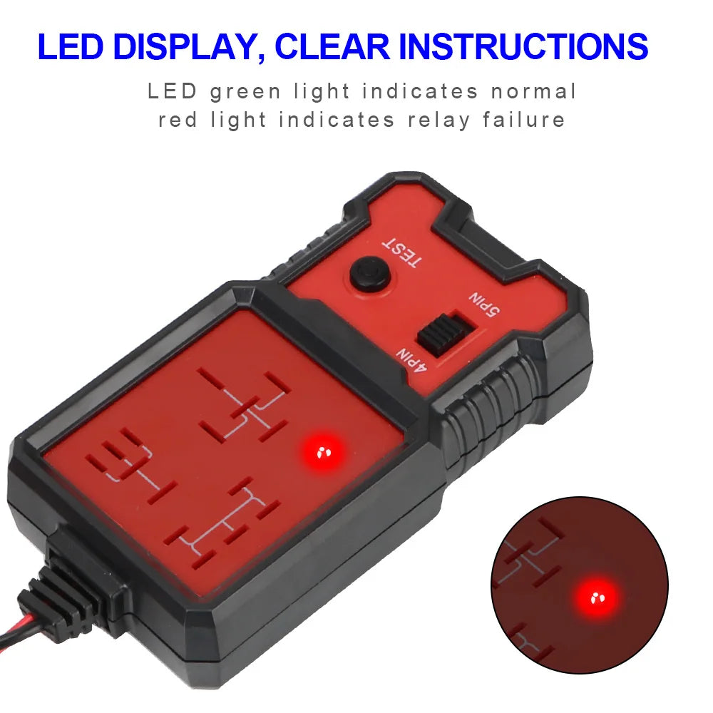 Automotive Relay Tester LED display close-up showing red light indicating relay failure