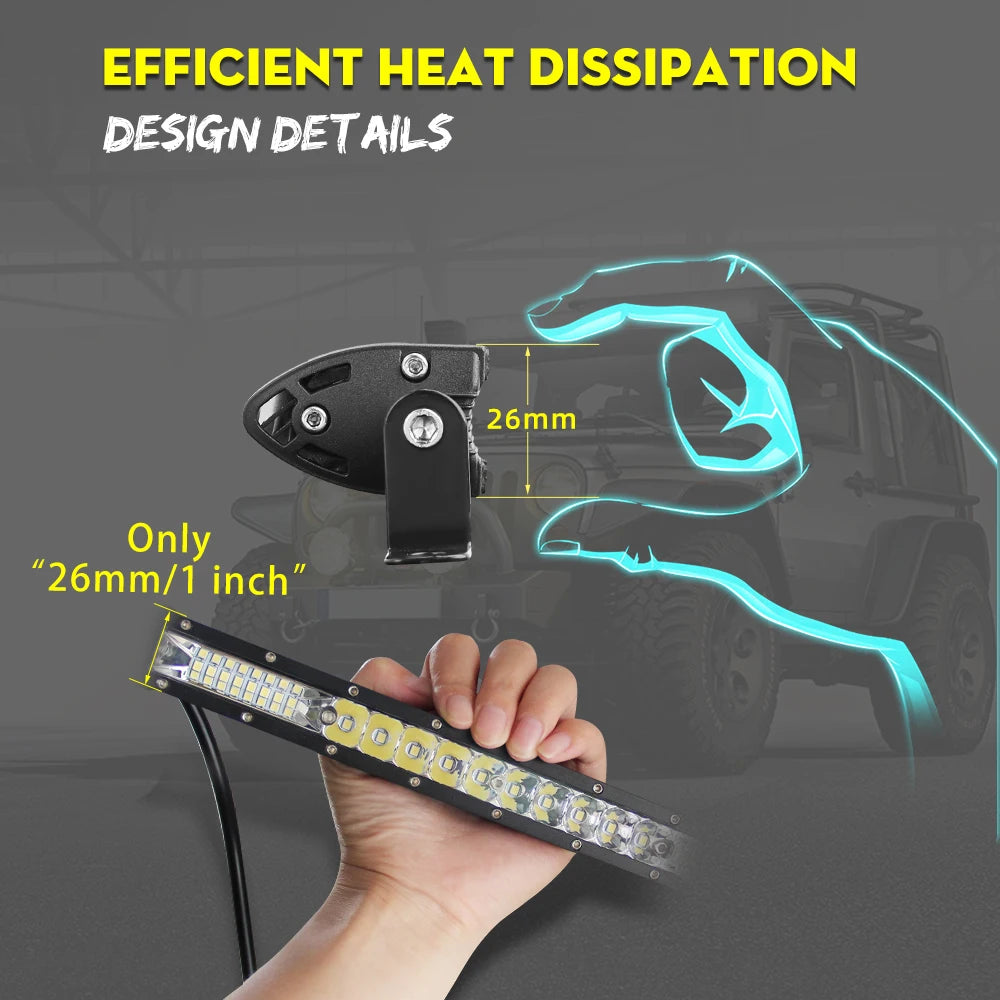 Hand holding slim 26mm thick LED light bar showing compact heat dissipation design